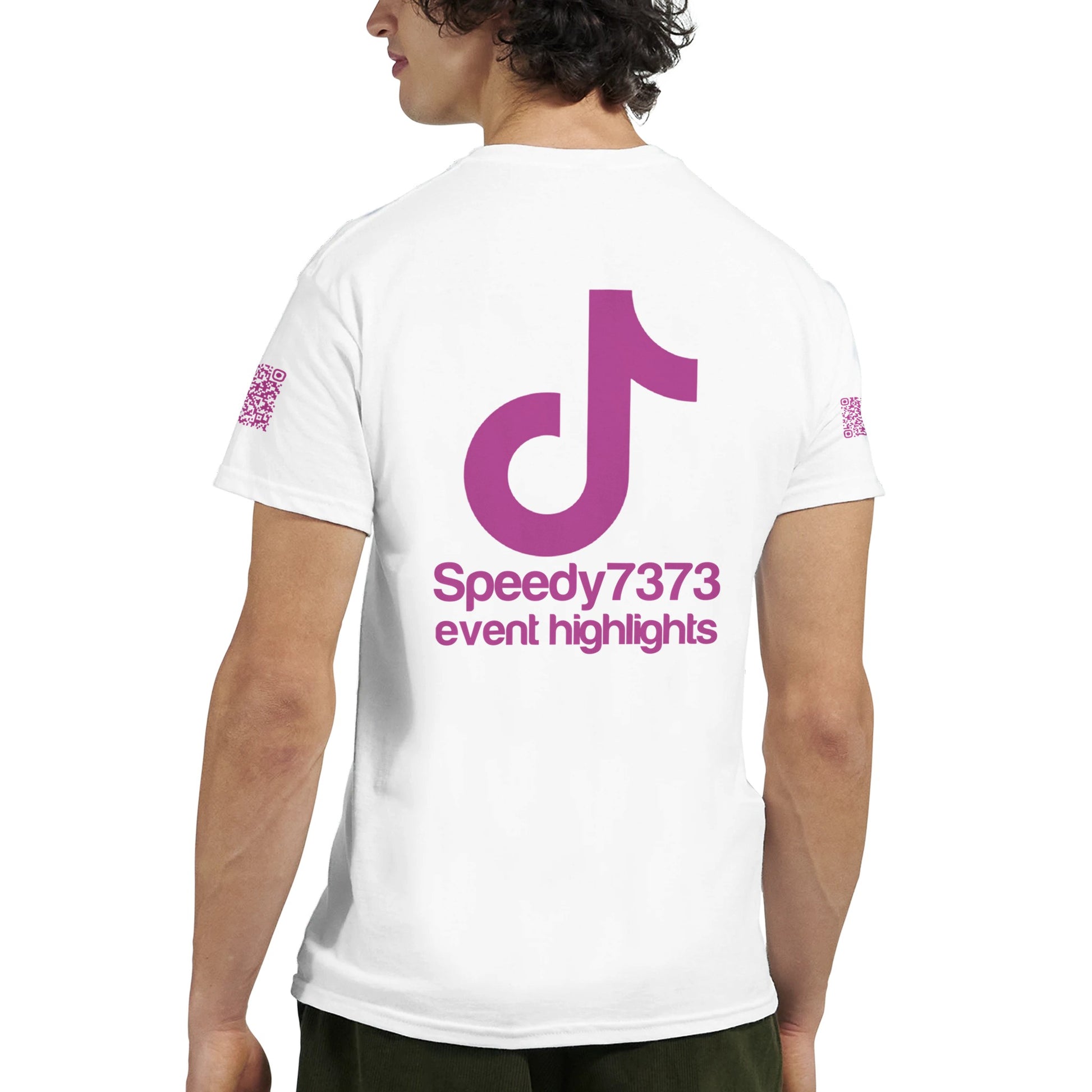 a white rave t-shirt with a pink font that is a custom Tiktok handle - custom QR Codes on each arm - RaveLink