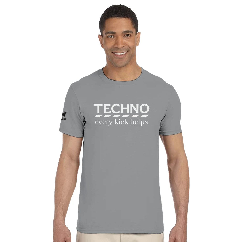Unisex Charcoal T-shirt for Adults – Music Festival Streetwear Rave Clothing – Techno, EDM, DJ Shirt - The word techno every kick helps in the style of Tesco