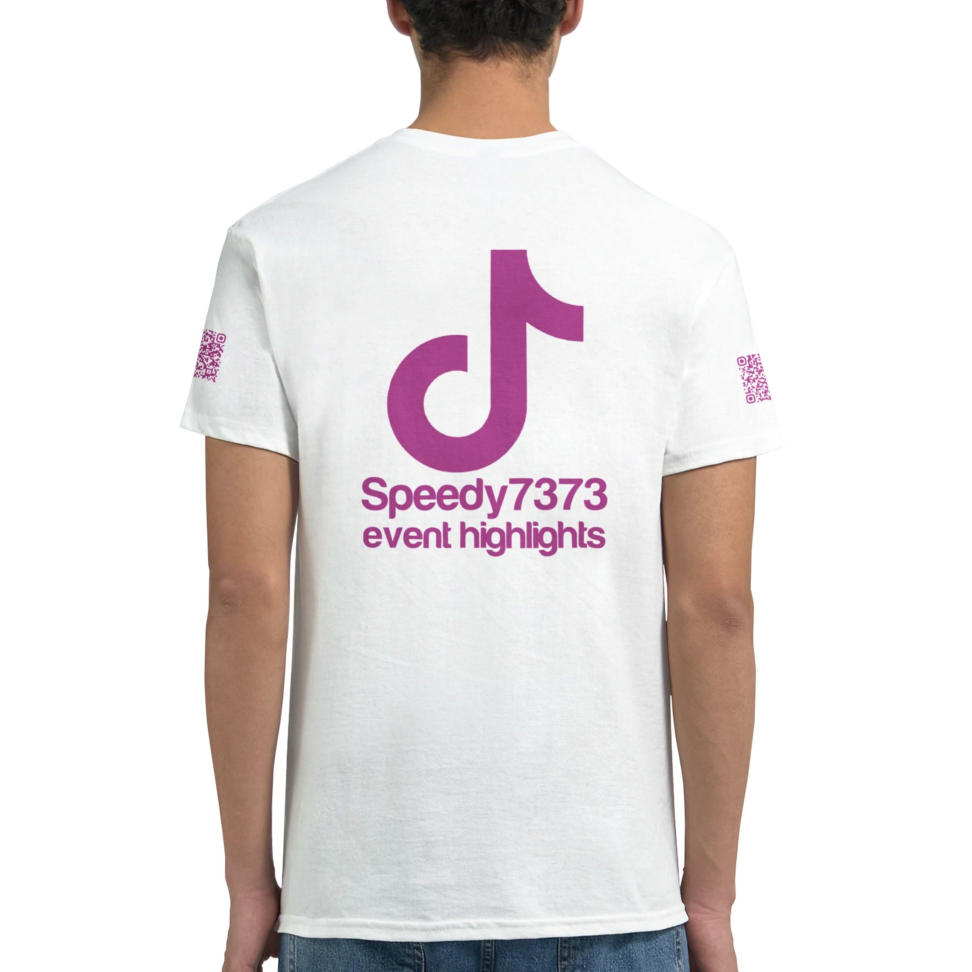 a white rave t-shirt with a pink font that is a custom Tiktok handle - custom QR Codes on each arm - RaveLink
