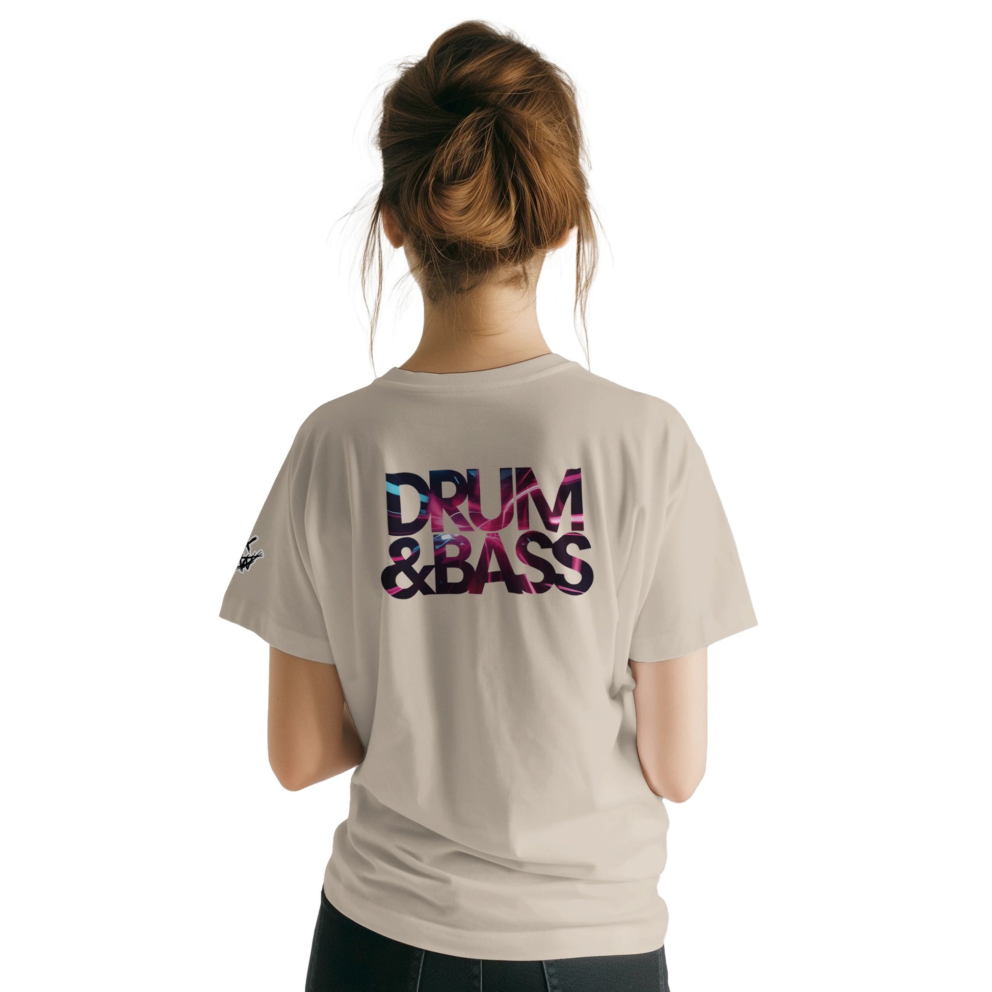Unisex Beige tshirt for Adults – Music Festival Streetwear Rave Clothing – Techno, EDM, DJ Shirt - DnB Pinkish print on the back