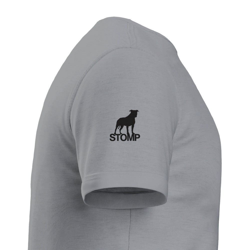 Gray t-shirt with black 'STOMP' logo on a white background