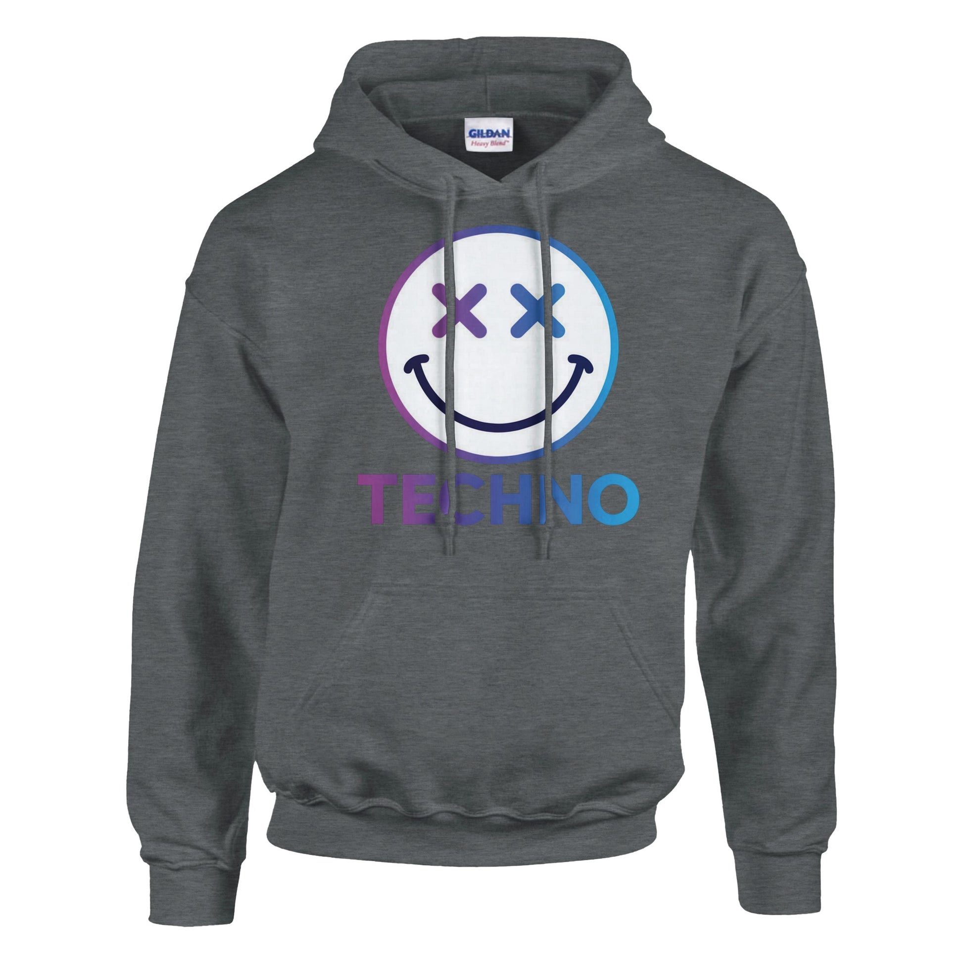 Techno smiley unisex hoodie cross eyes grey Techno smiley unisex hoodie cross eyes front view