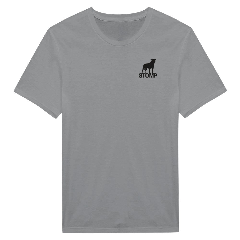 Gray t-shirt with a black logo and text on a white background