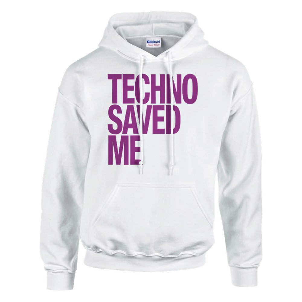 Techno saved me in big bold pink lettering - unisex rave hoodie - white