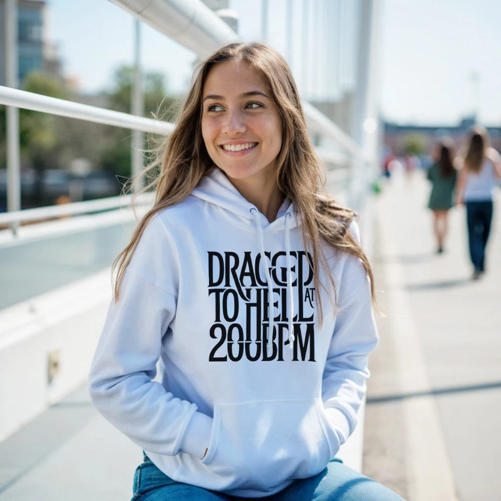 dragged to hell at 200bpm - Unisex rave hardcore hoodie - white