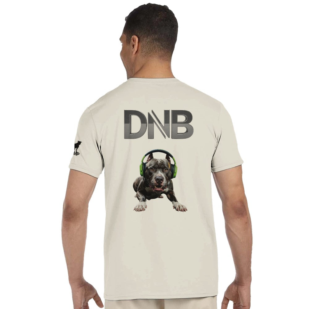 Unisex Beige tshirt for Adults – Music Festival Streetwear Rave Clothing – Techno, EDM, DJ Shirt - A dog wearing headphones listening to Drum and Bass music on the back