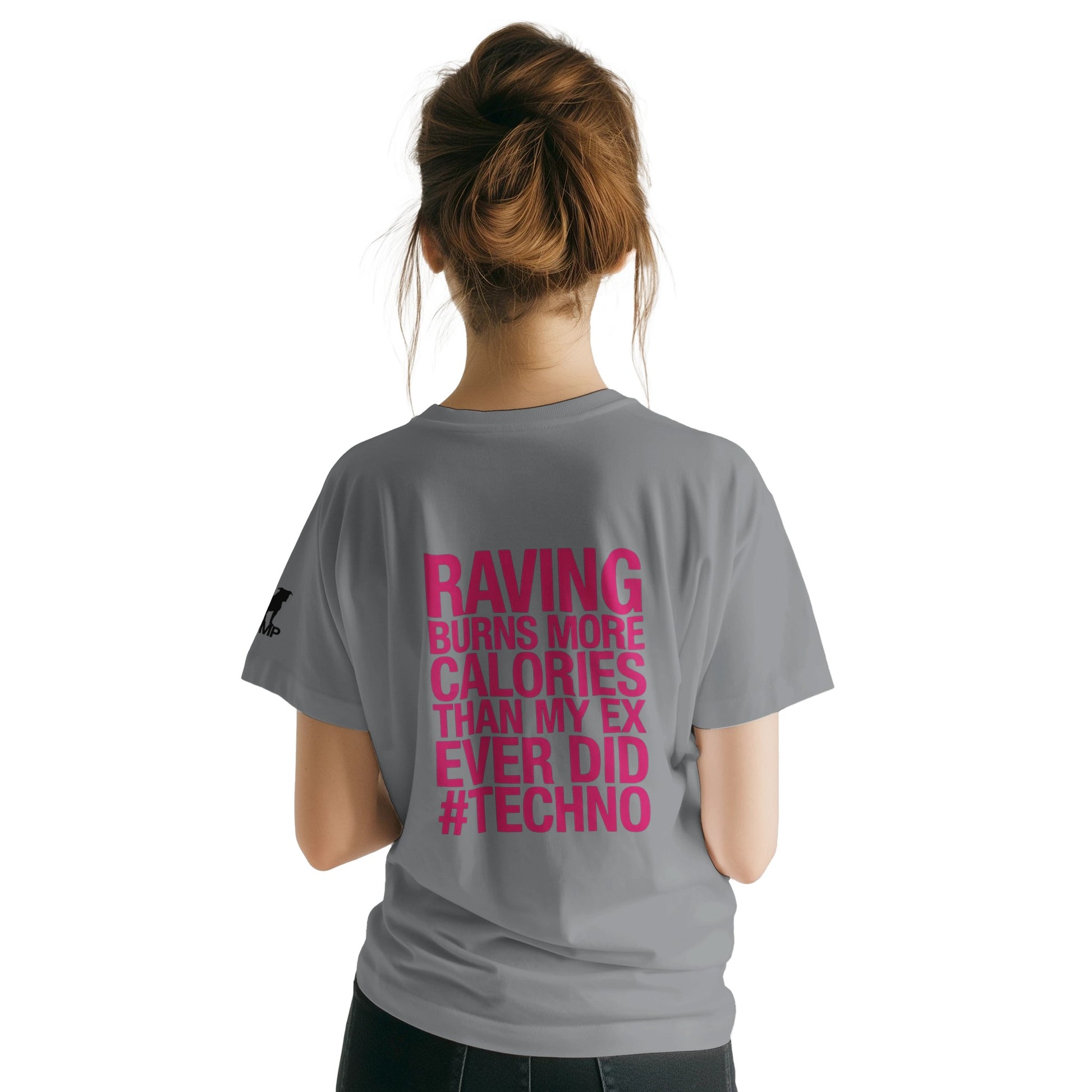 Unisex Grey tshirt for Adults – Music Festival Streetwear Rave Clothing – Techno, EDM, DJ Shirt - raving burns more calories than my ex ever did print
