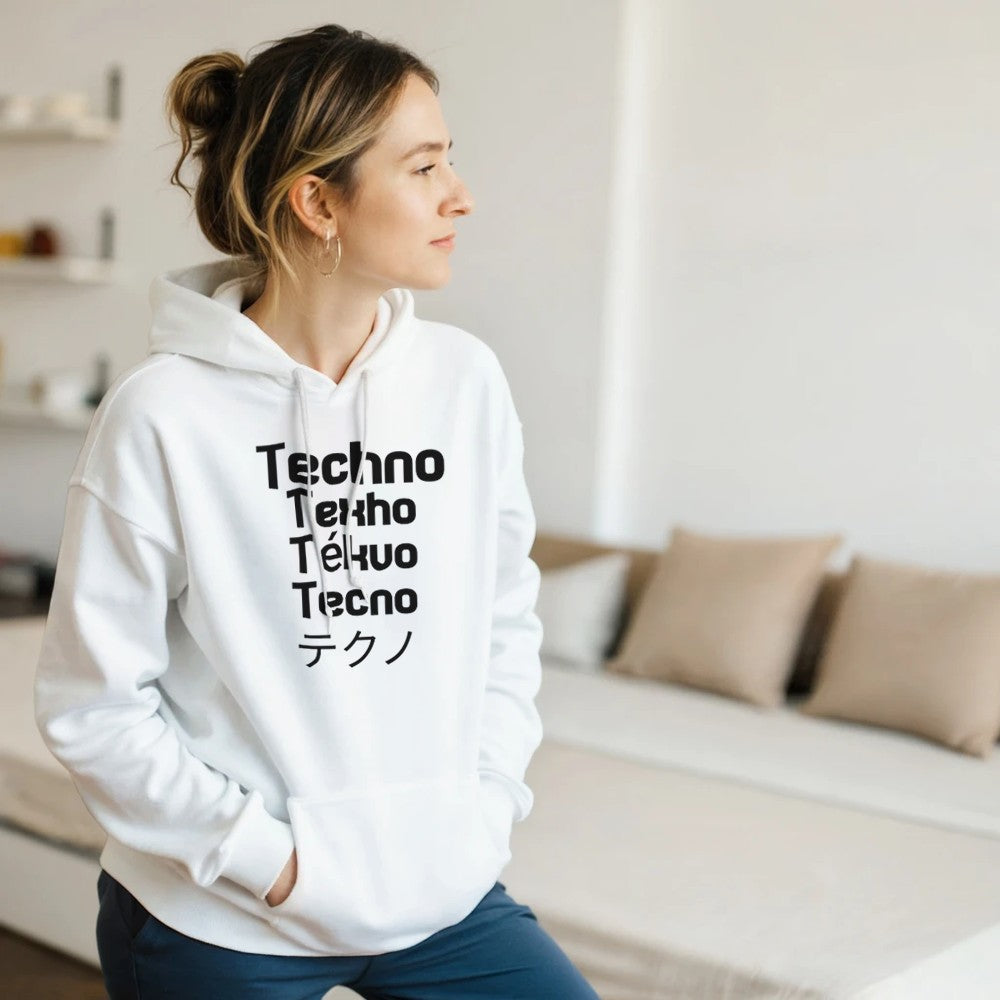 techno in different languages in a big bold black lettering - unisex rave hoodie - stomp - white