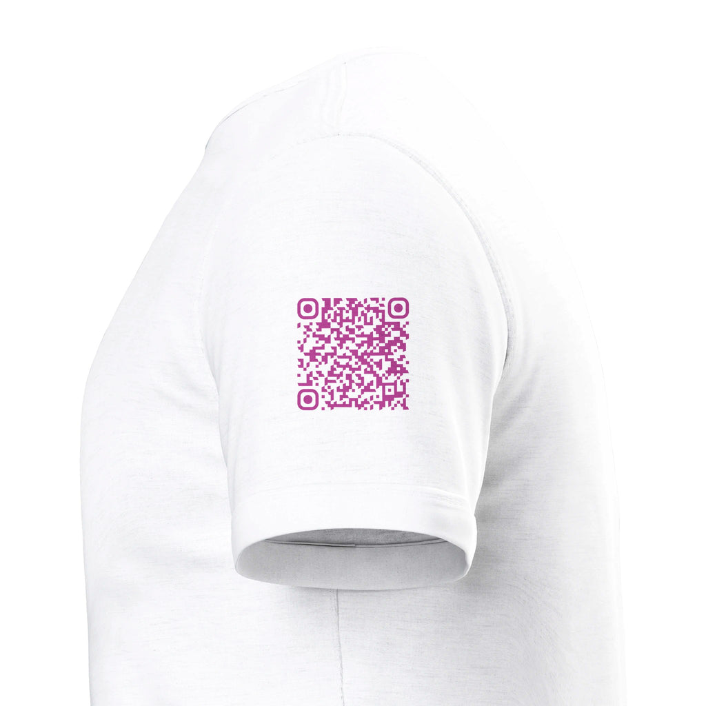 a white rave t-shirt with a pink font that is a custom Tiktok handle - custom QR Codes on each arm - RaveLink