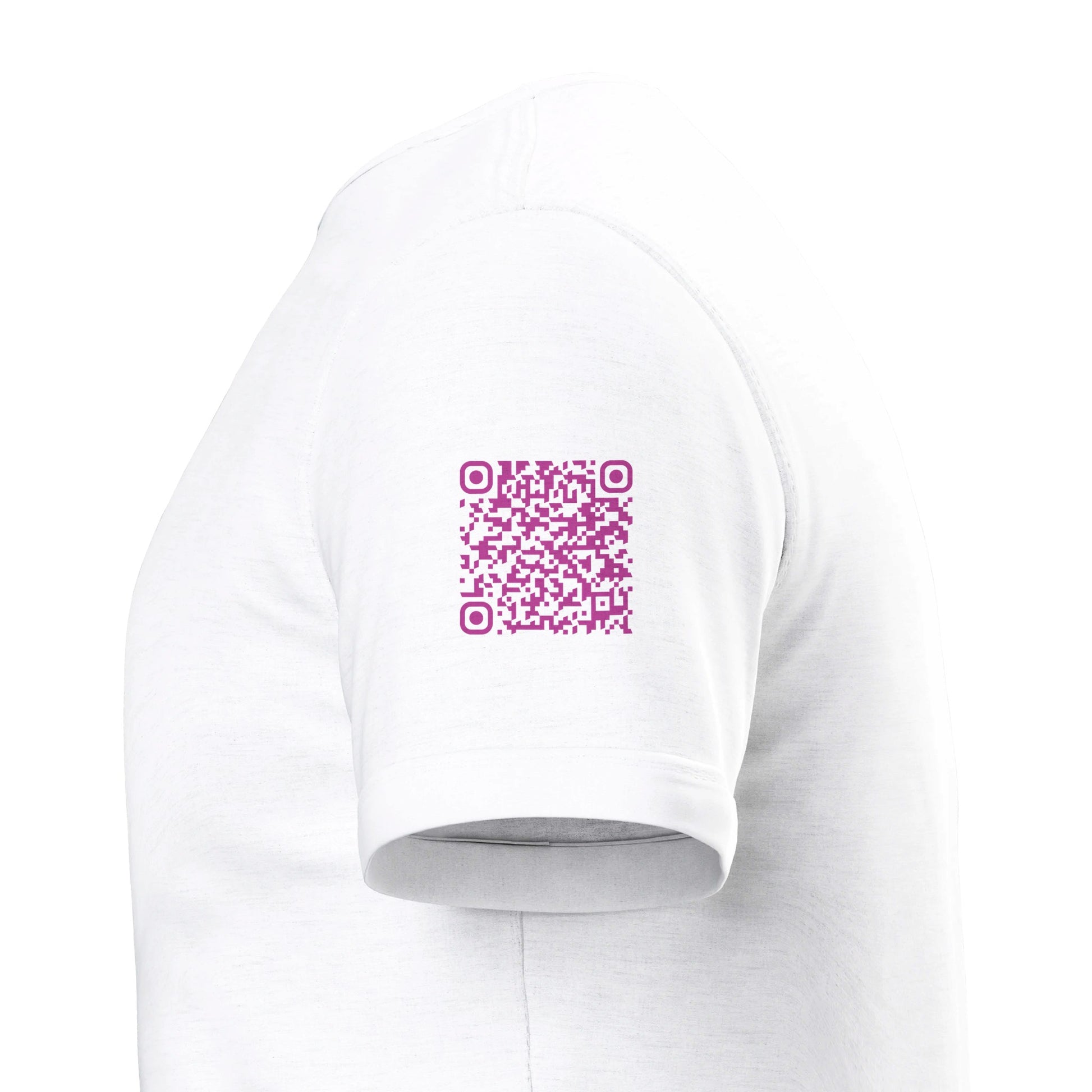 a white rave t-shirt with a pink font that is a custom Tiktok handle - custom QR Codes on each arm - RaveLink