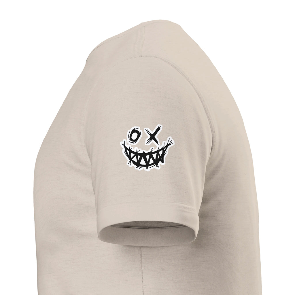 Beige hoodie with a black and white graphic design on the chest against a white background. Drum and bass