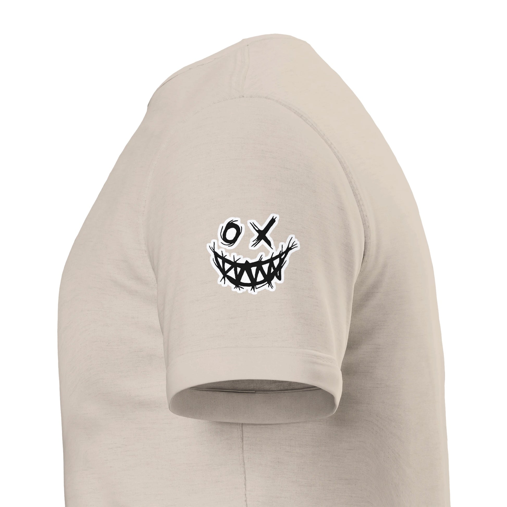 Beige hoodie with a black and white graphic design on the chest against a white background. Drum and bass