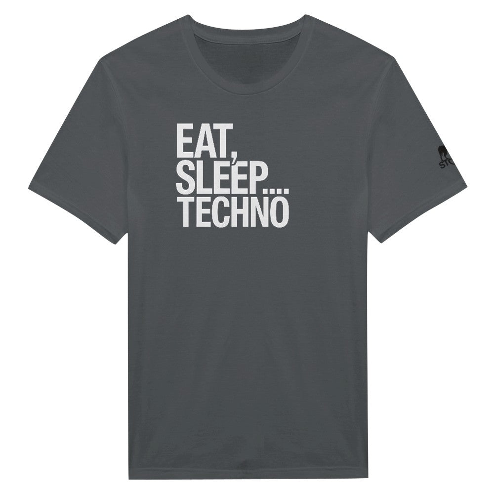 Unisex Grey T-shirt for Adults – Music Festival Streetwear Rave Clothing – Techno, EDM, DJ Shirt - Eat Sleep Techno print
