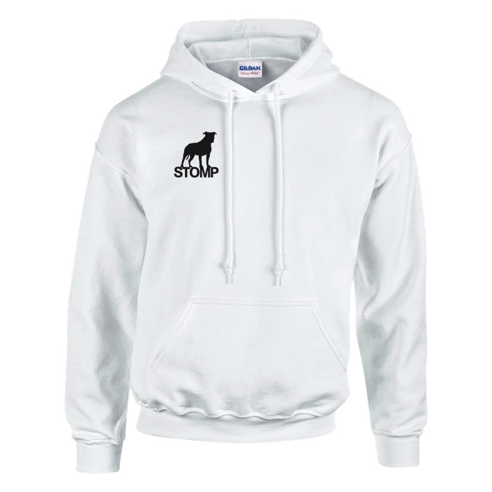 White hoodie with 'STOMP' logo on a white background