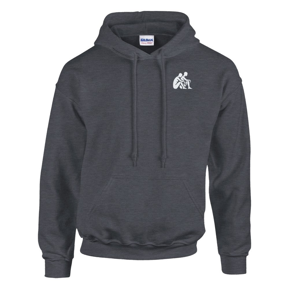 Dark gray hoodie with a logo on the chest against a white background