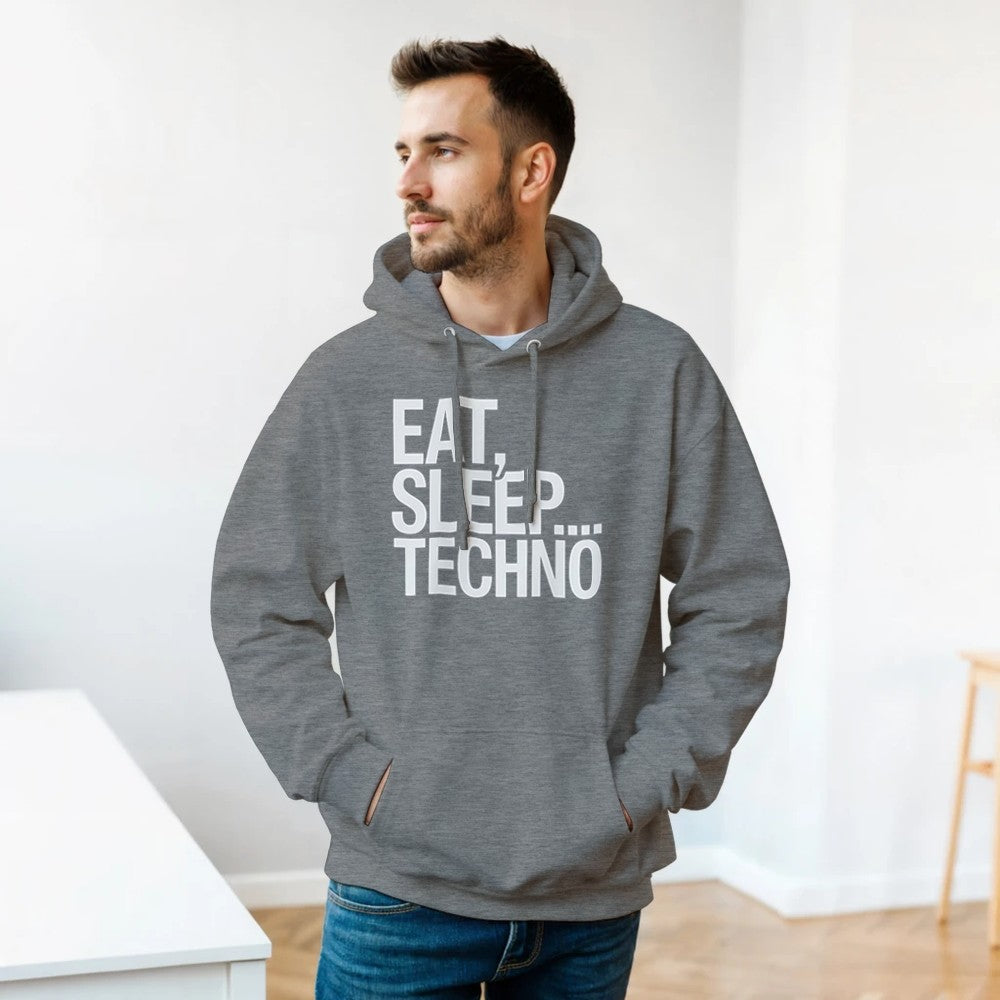 Unisex Grey Hoodie for Adults – Music Festival Streetwear Rave Clothing – Techno, EDM, DJ Shirt - Eat Sleep Techno print