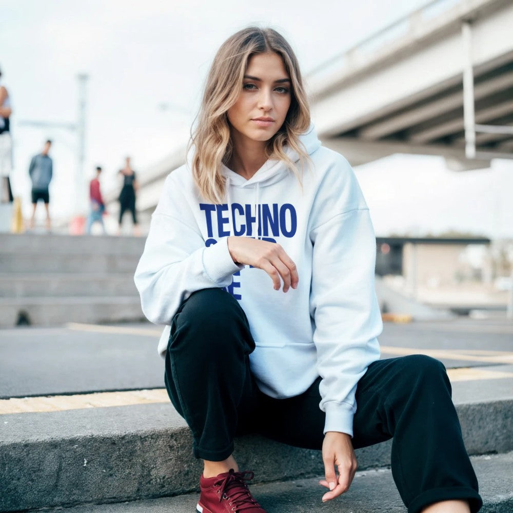 Techno Saved Me in big Blue bold font - unisex rave hoodie - white