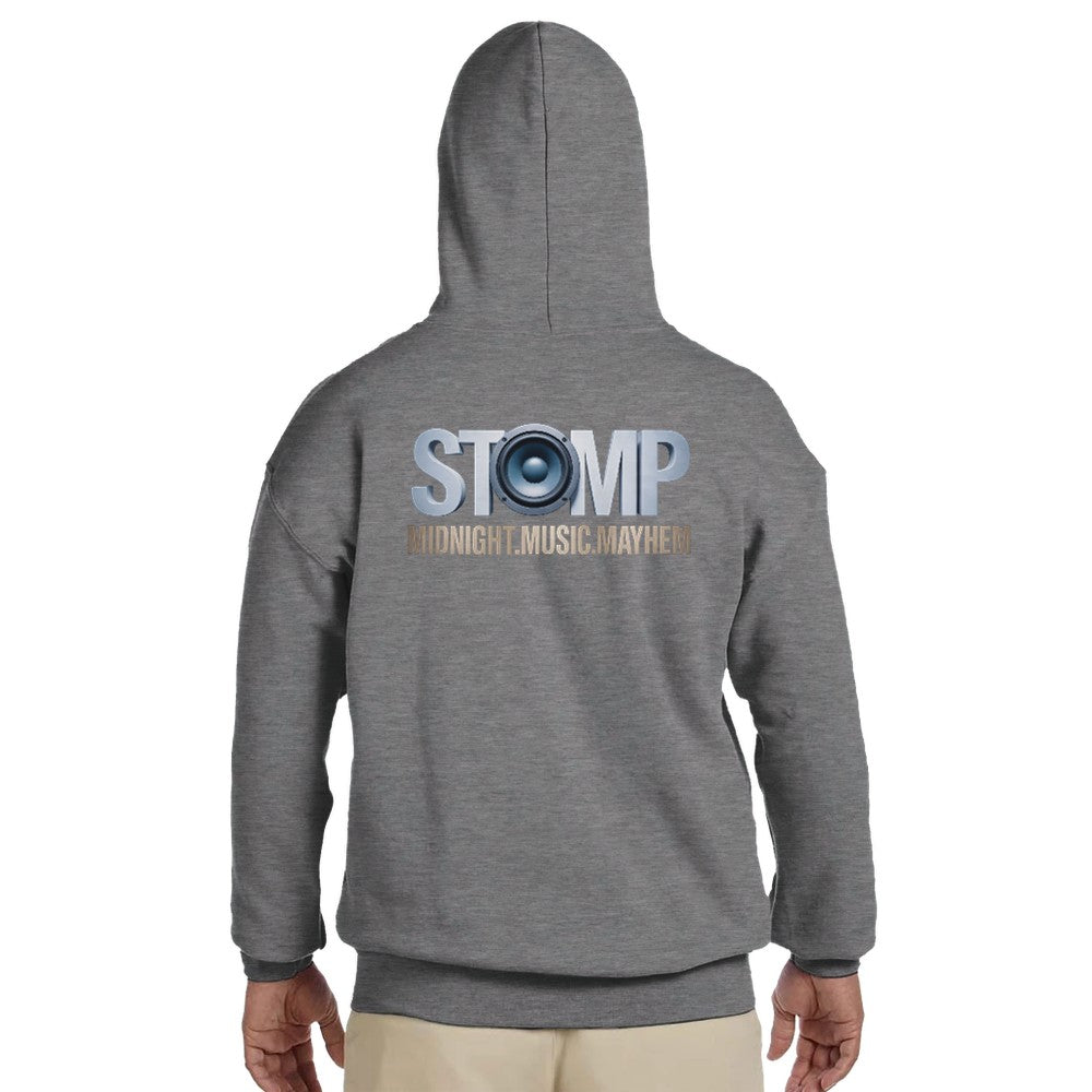 Unisex  Grey hoodie for Adults – Music Festival Streetwear Rave Clothing – Techno, EDM, DJ Shirt - stomp midnight music mayhem print on the back