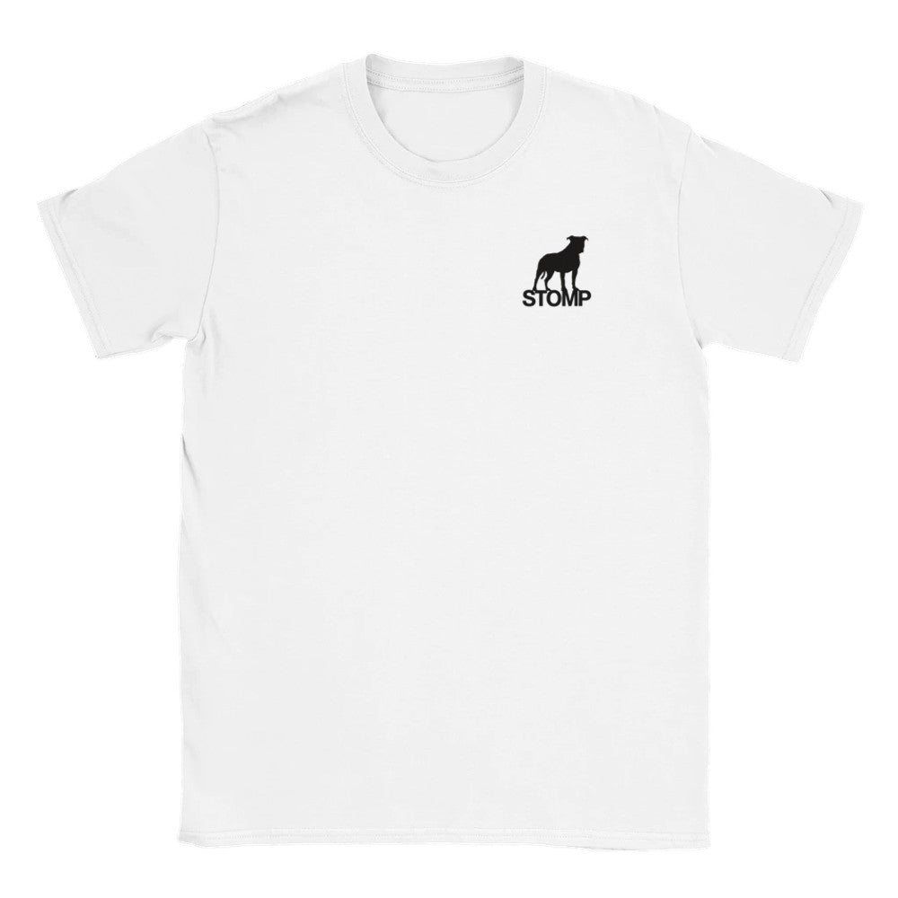 White t-shirt with a black logo on a white background