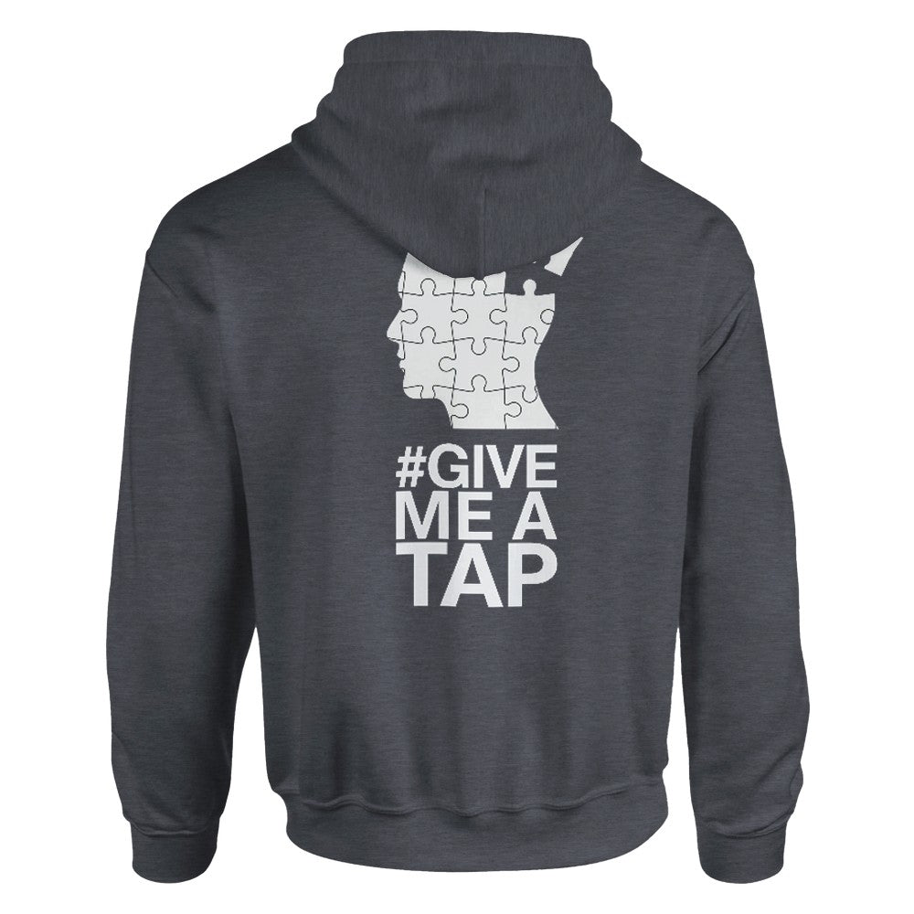 Dark gray hoodie with a white puzzle design and text on the back against a white background