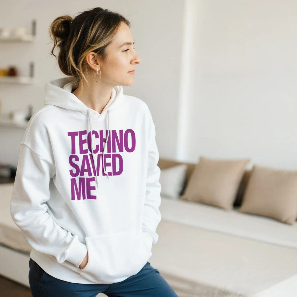Techno saved me in big bold pink lettering - unisex rave hoodie - white