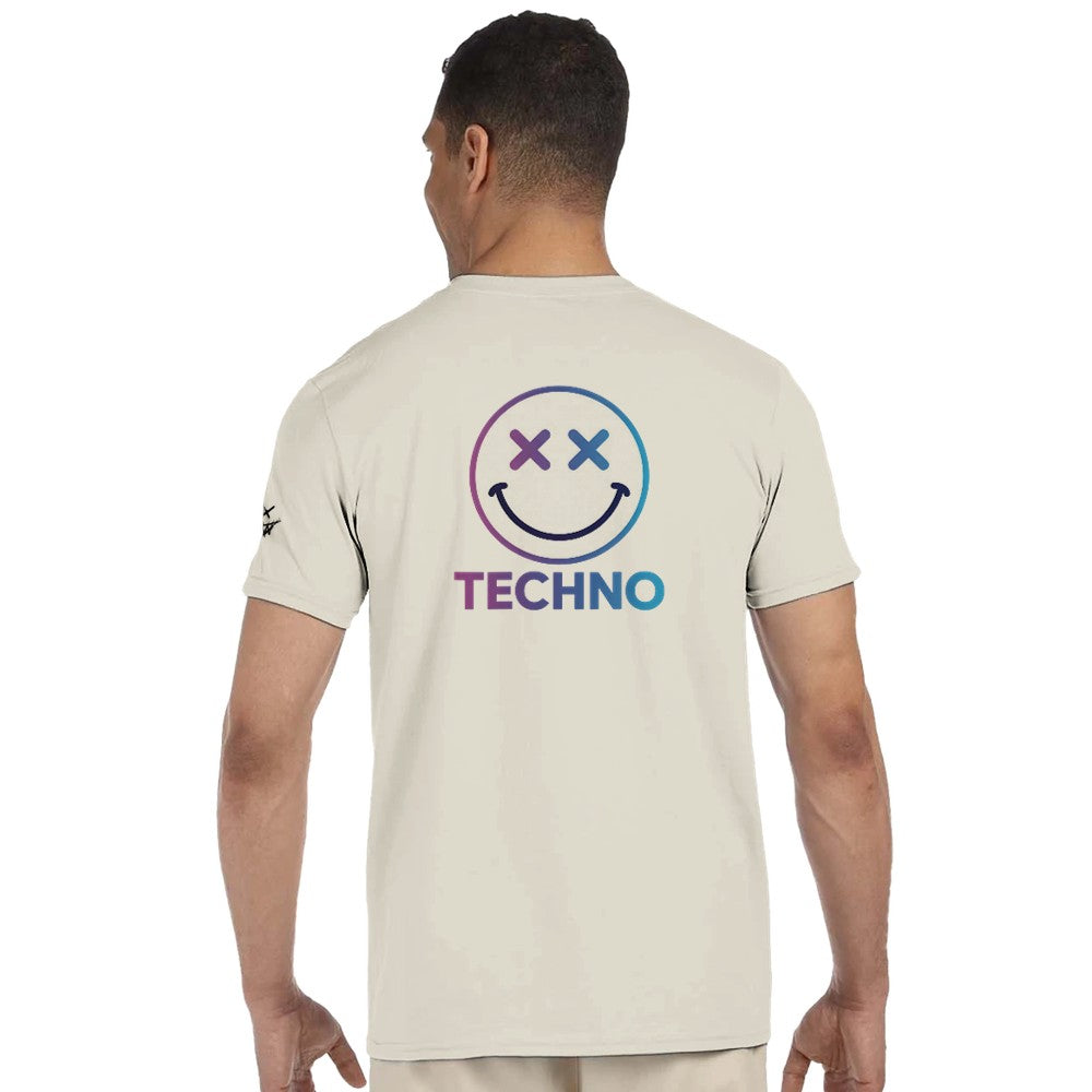 Unisex beige t-shirt for Adults – Music Festival Streetwear Rave Clothing – Techno, EDM, DJ Shirt - a blue techno smiley print