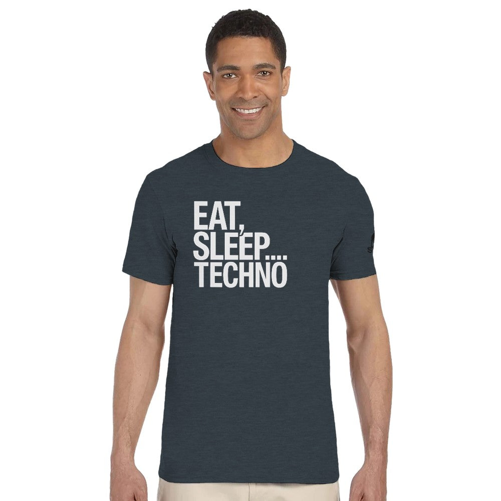 Unisex Grey T-shirt for Adults – Music Festival Streetwear Rave Clothing – Techno, EDM, DJ Shirt - Eat Sleep Techno print