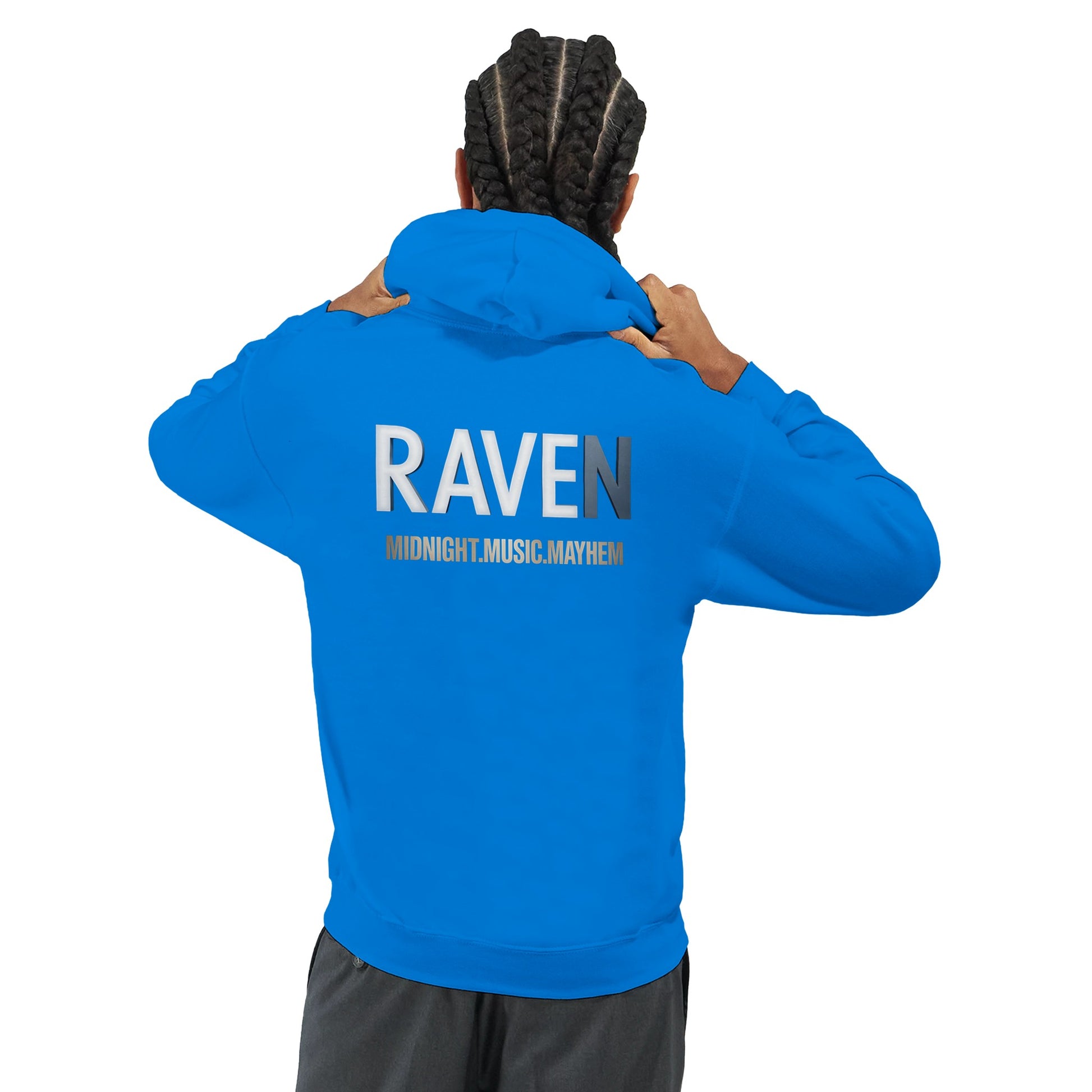 Unisex Blue Hoodie for Adults – Music Festival Streetwear Rave Clothing – Techno, EDM, DJ Shirt - Raven Midnight Music Masness print