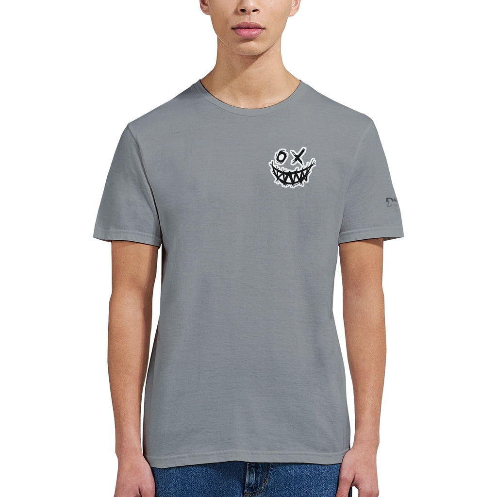 Person wearing a gray t-shirt with a graphic design on a white background
