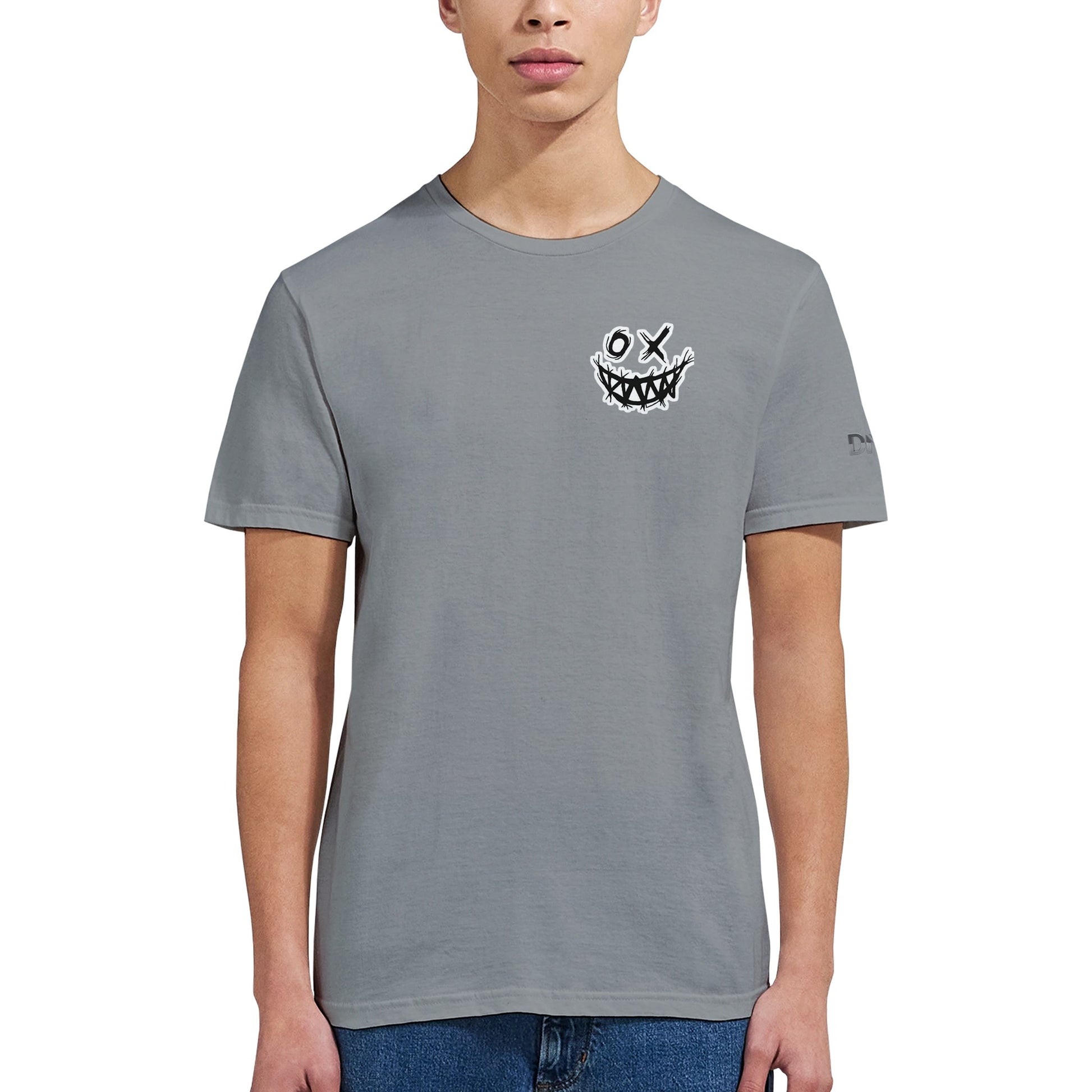 Person wearing a gray t-shirt with a graphic design on a white background