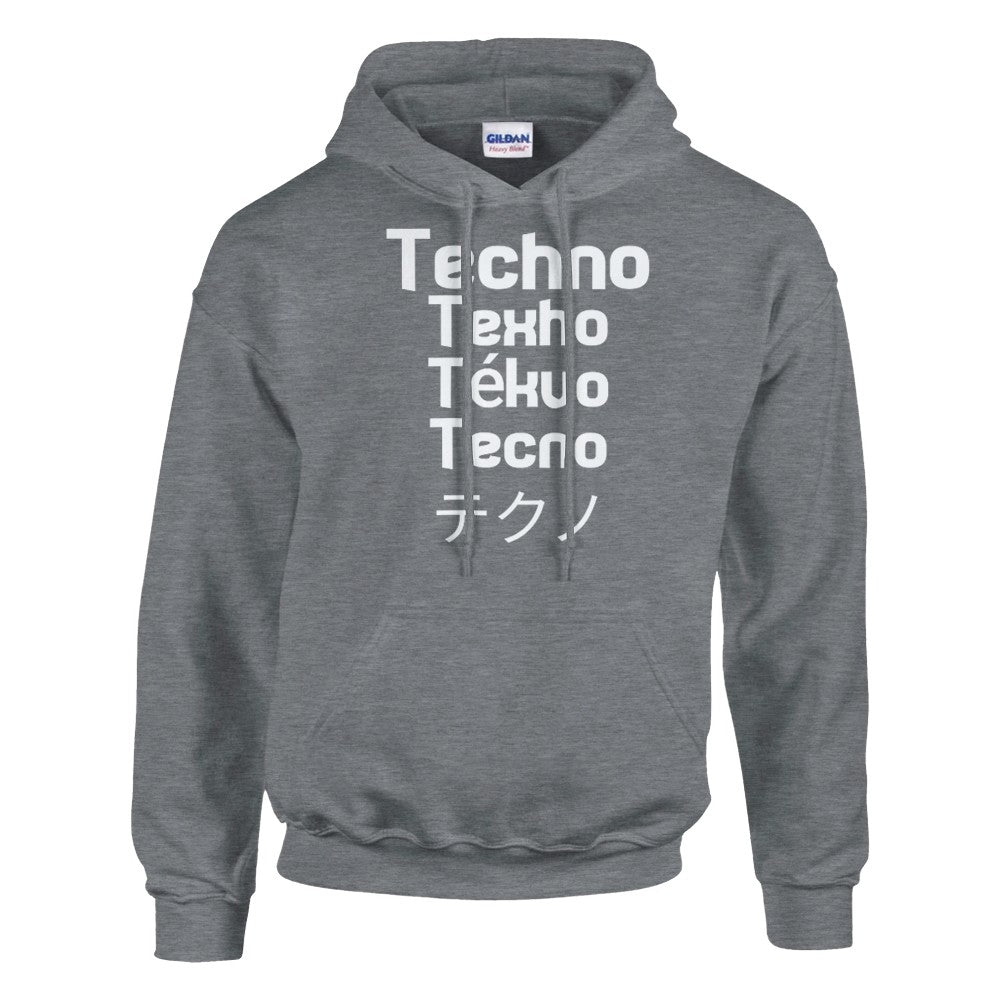 techno in different languages in a big bold white lettering - unisex rave hoodie - stomp - grey