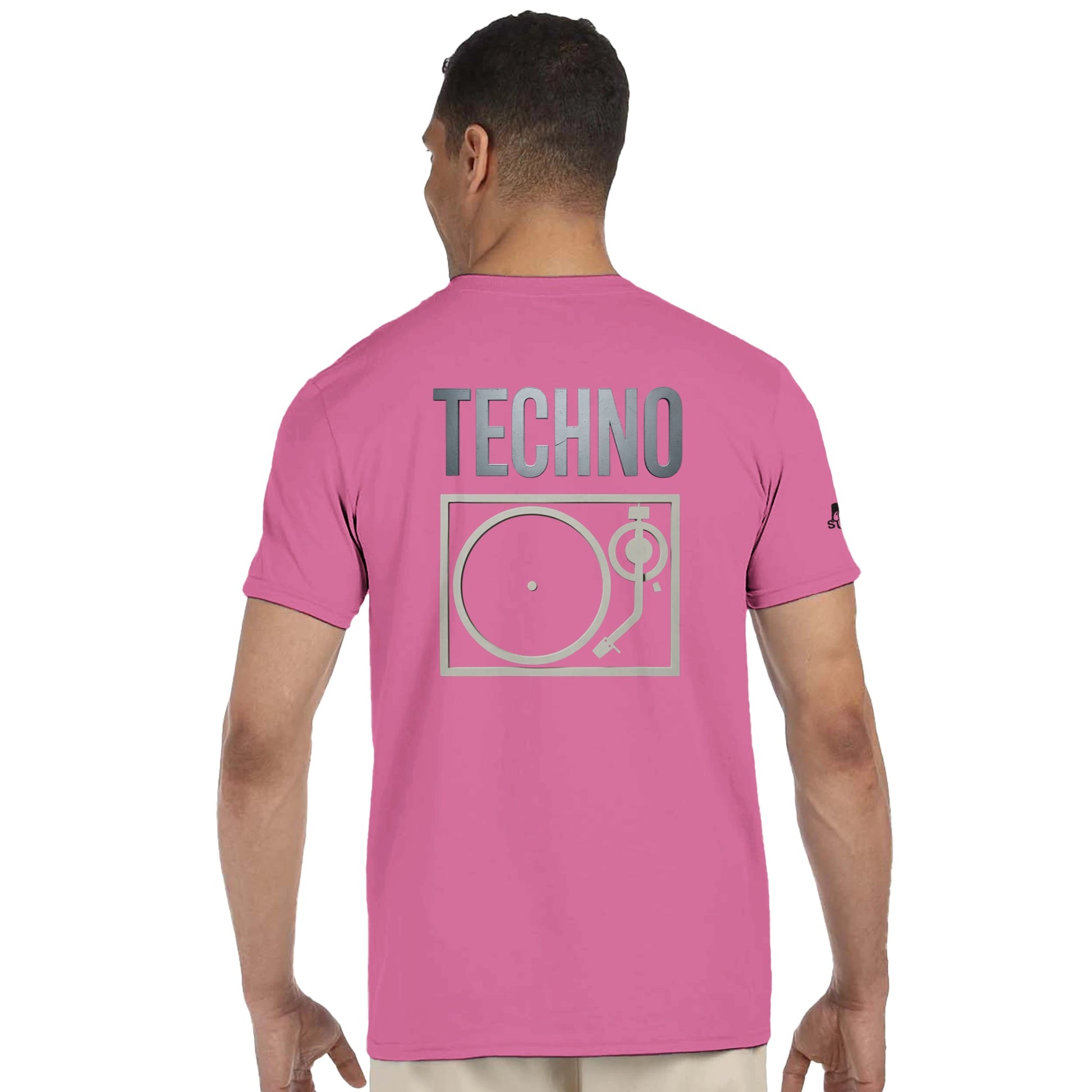 Unisex Pink T-shirt for Adults – Music Festival Streetwear Rave Clothing – Techno, EDM, DJ Shirt - The word techno and a turntable underneath