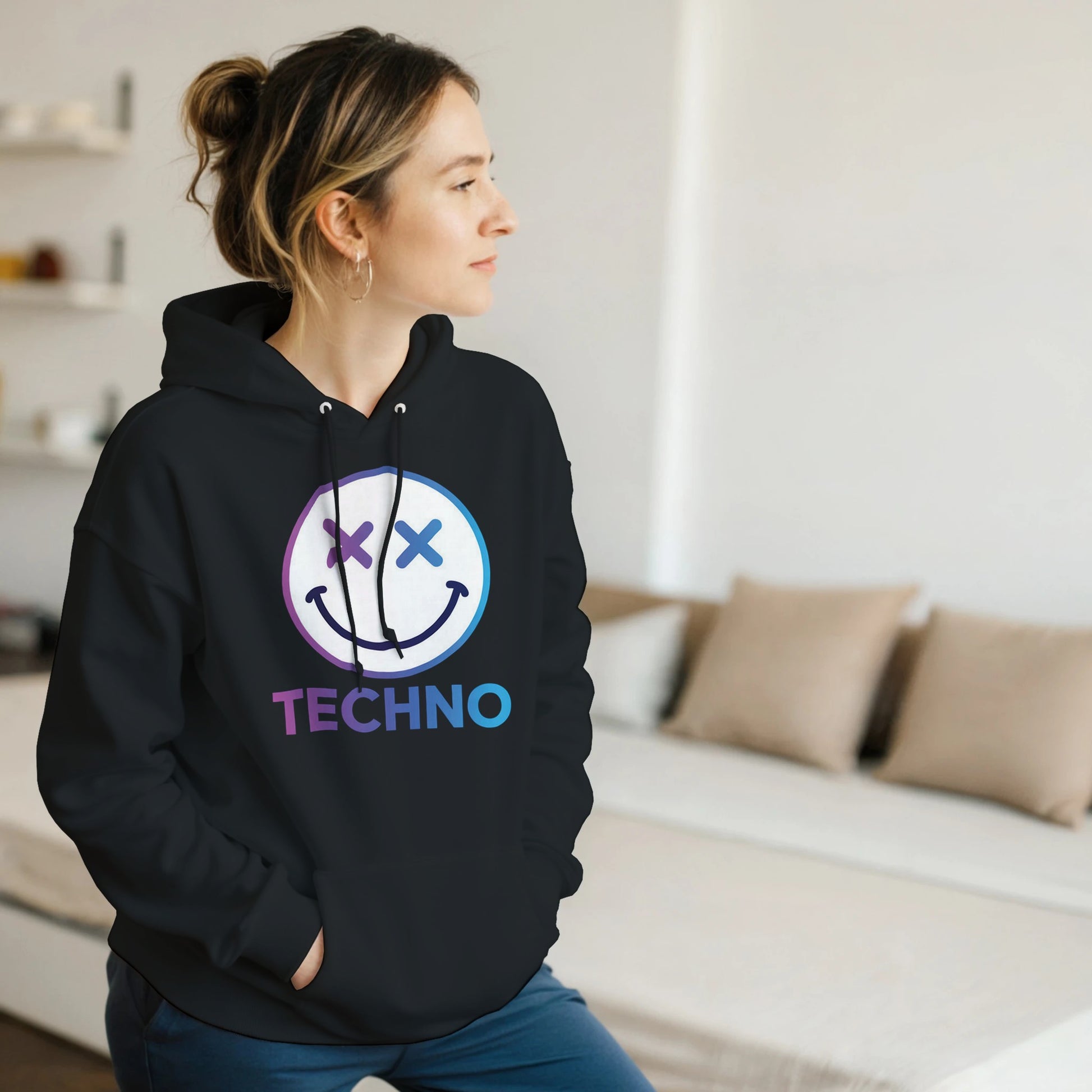 Techno smiley unisex hoodie cross eyes black front view