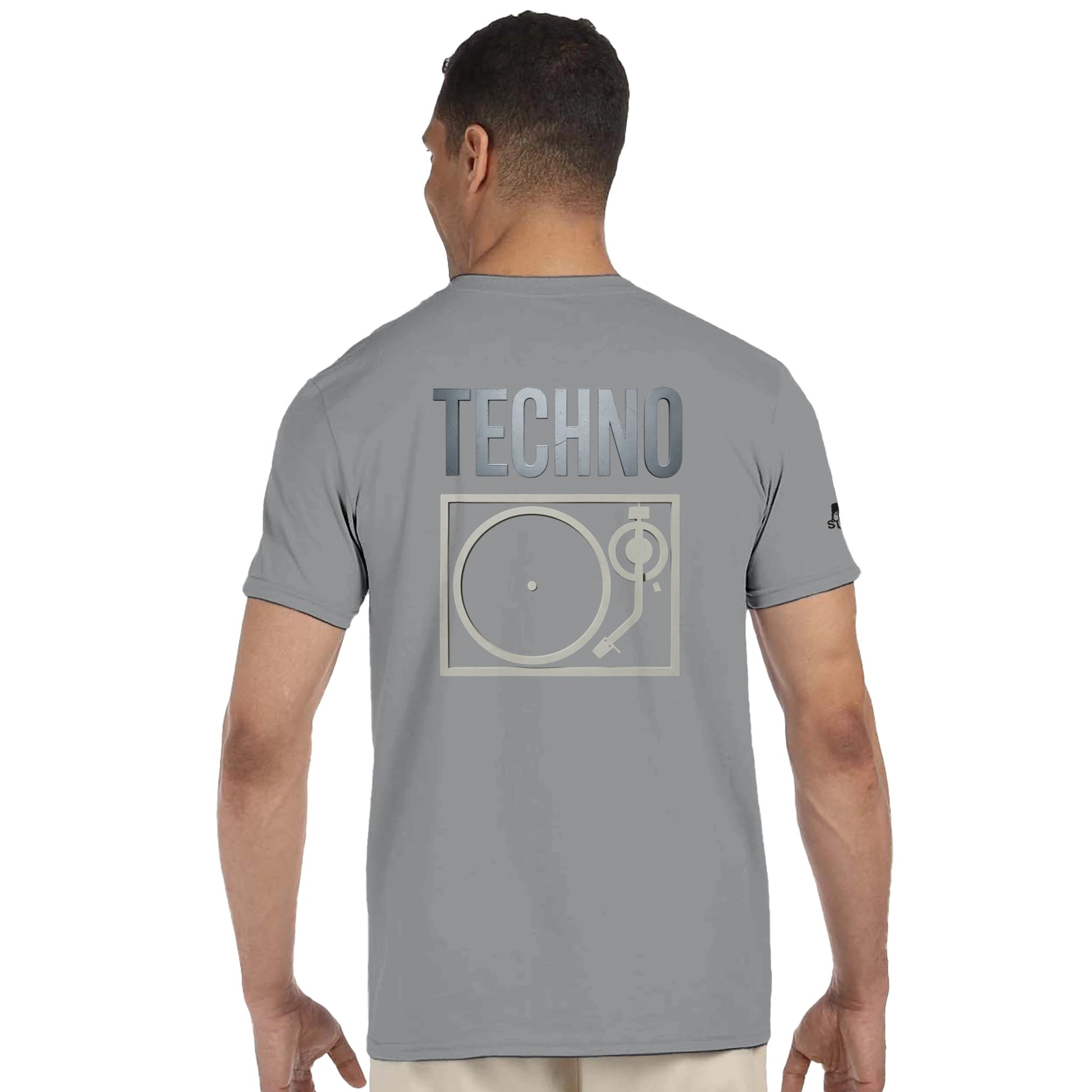 Unisex Light Grey T-shirt for Adults – Music Festival Streetwear Rave Clothing – Techno, EDM, DJ Shirt - The word techno and a turntable underneath