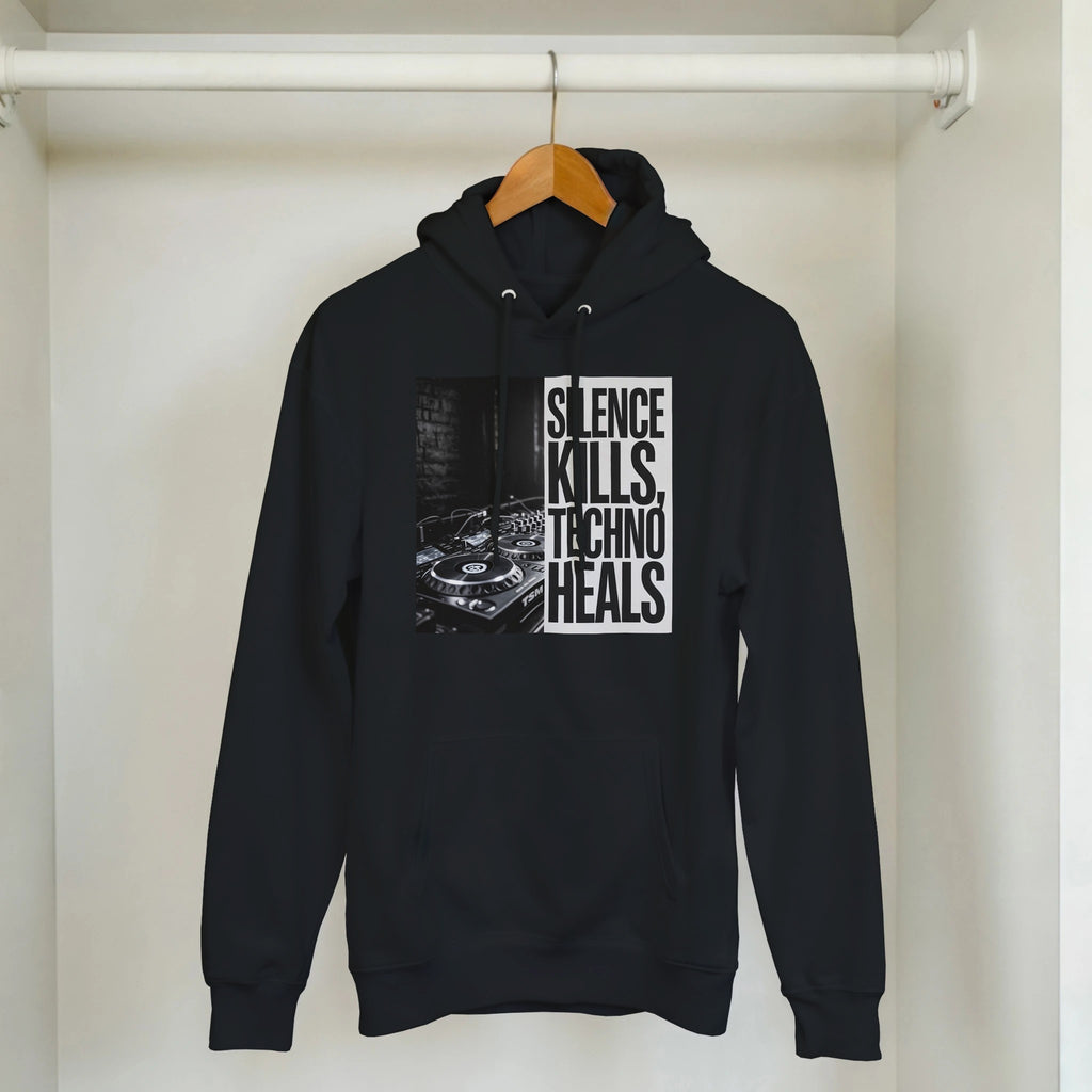 Silence Kills Techno Heals unisex rave hoodie black  front view