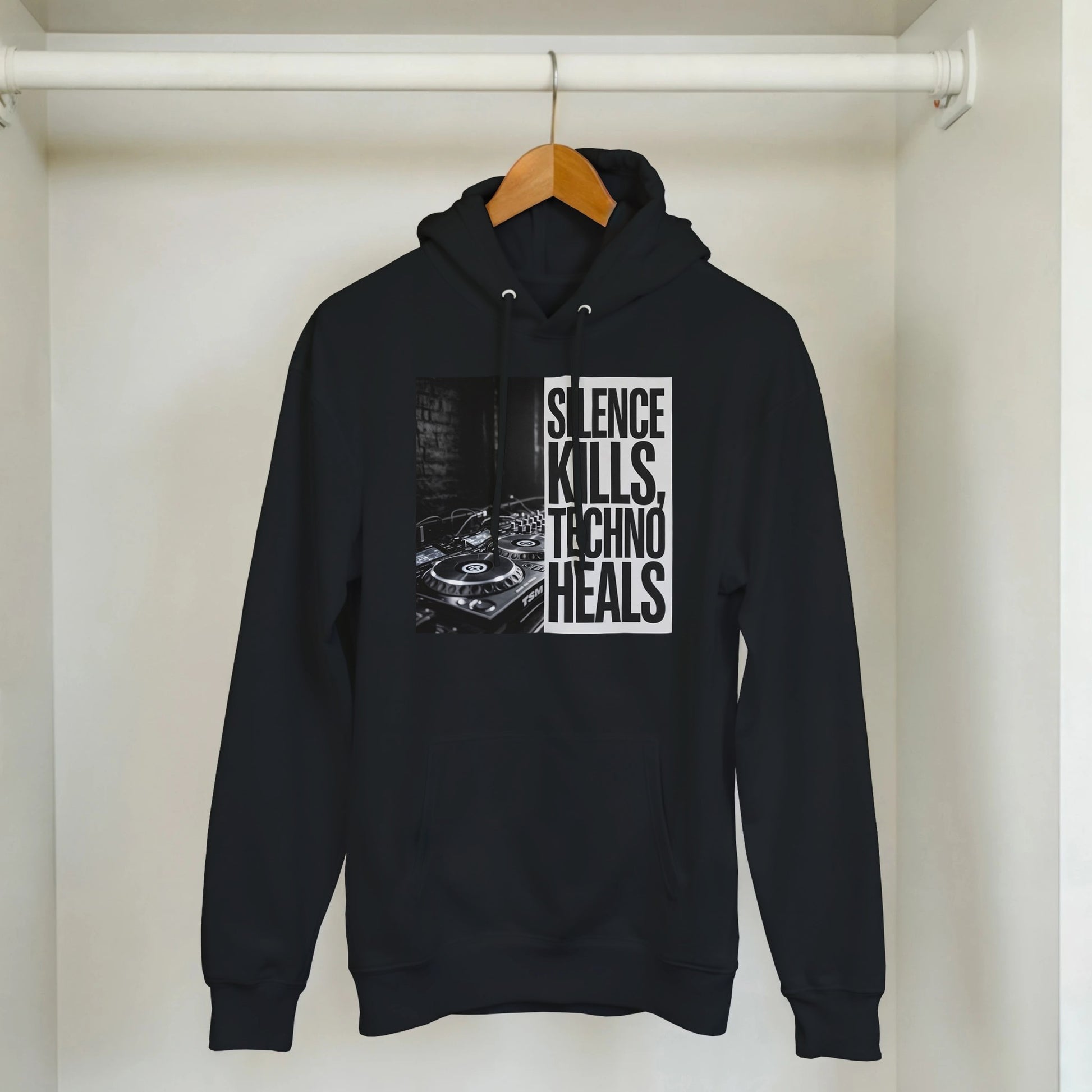 Silence Kills Techno Heals unisex rave hoodie black  front view