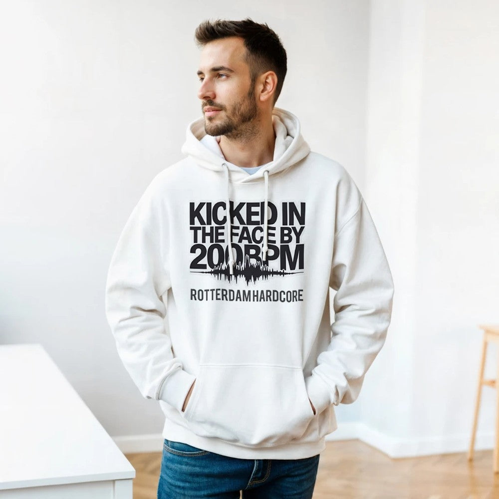 Kicked In The Face with 200bpm unisex hoodie - printed on the front - white