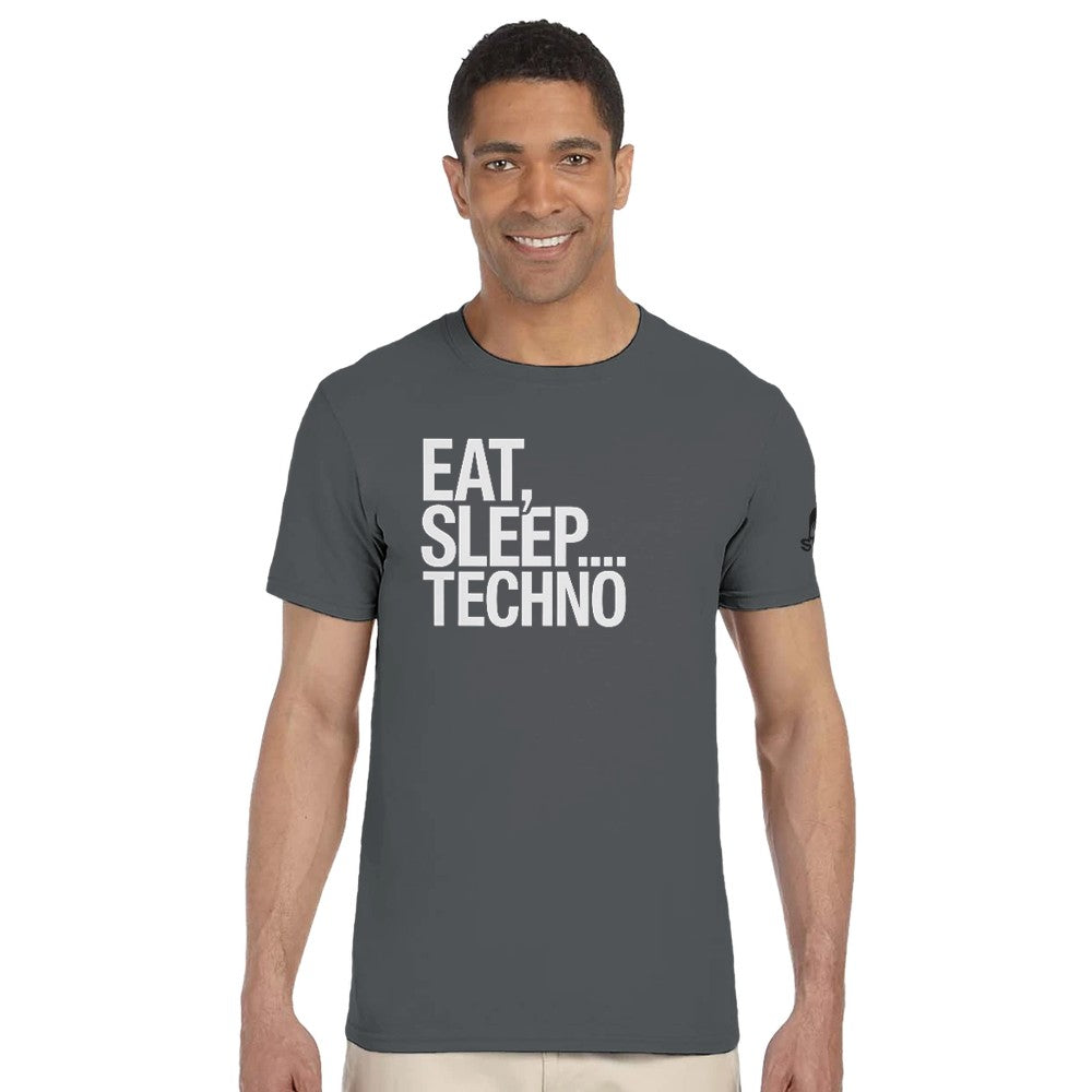 Unisex Grey T-shirt for Adults – Music Festival Streetwear Rave Clothing – Techno, EDM, DJ Shirt - Eat Sleep Techno print
