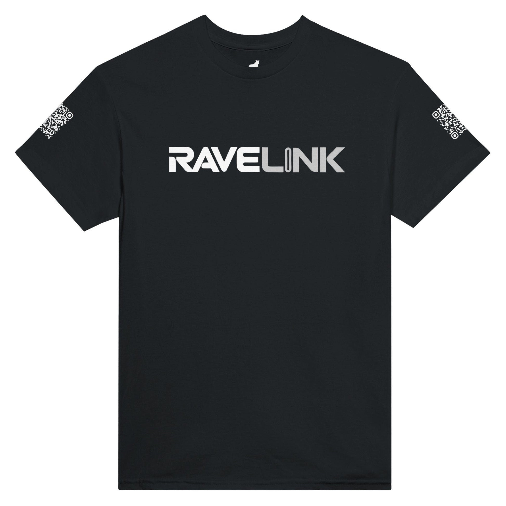 a black Rave t-shirt with a white custom Tiktok handle and custom QR codes on the arms of the shirt - RaveLink