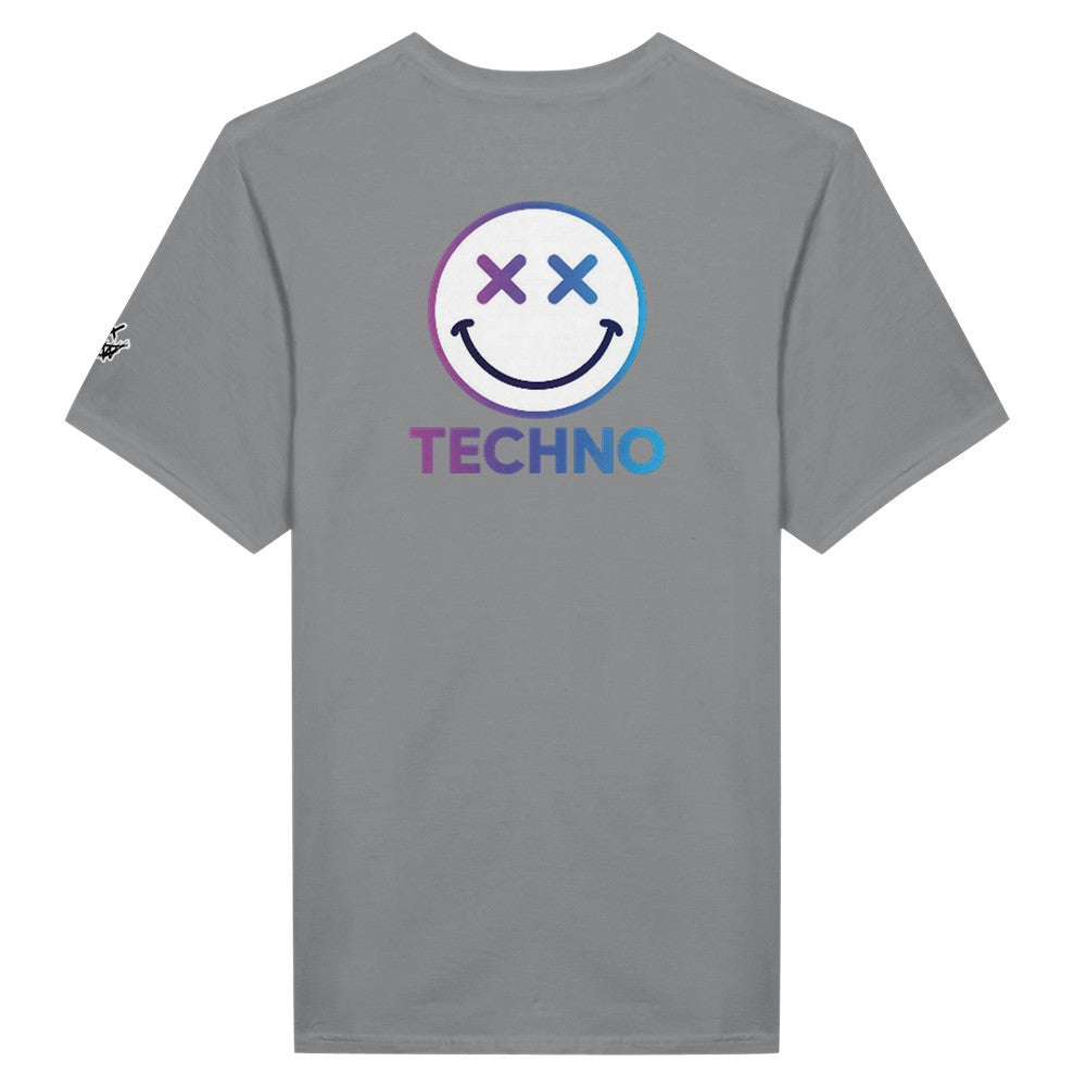 Unisex grey tshirt for Adults – Music Festival Streetwear Rave Clothing – Techno, EDM, DJ Shirt - a blue techno smiley print