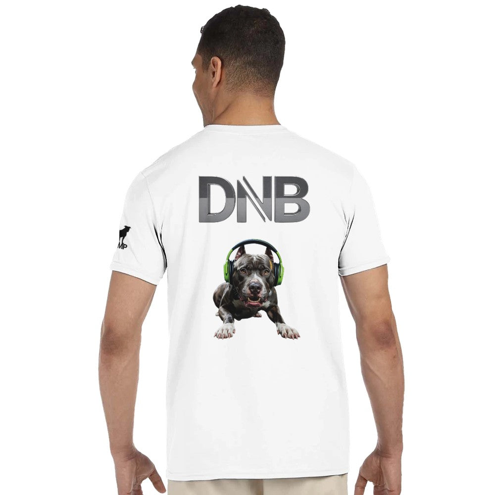 Unisex White tshirt for Adults – Music Festival Streetwear Rave Clothing – Techno, EDM, DJ Shirt - A dog wearing headphones listening to Drum and Bass music on the back