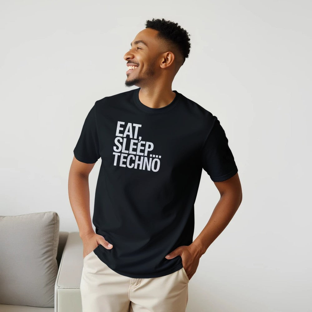 EAT SLEEP TECHNO - TECHNO RAVE UNISEX TSHIRT - BLACK