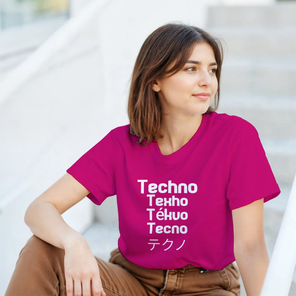 techno in different languages in a big bold white font - unsex t-shirt - pink