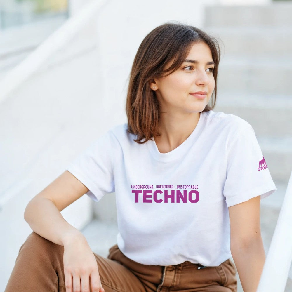 underground unfiltered unstoppable in big bold pink font - unisex techno rave stomp t-shirt - white