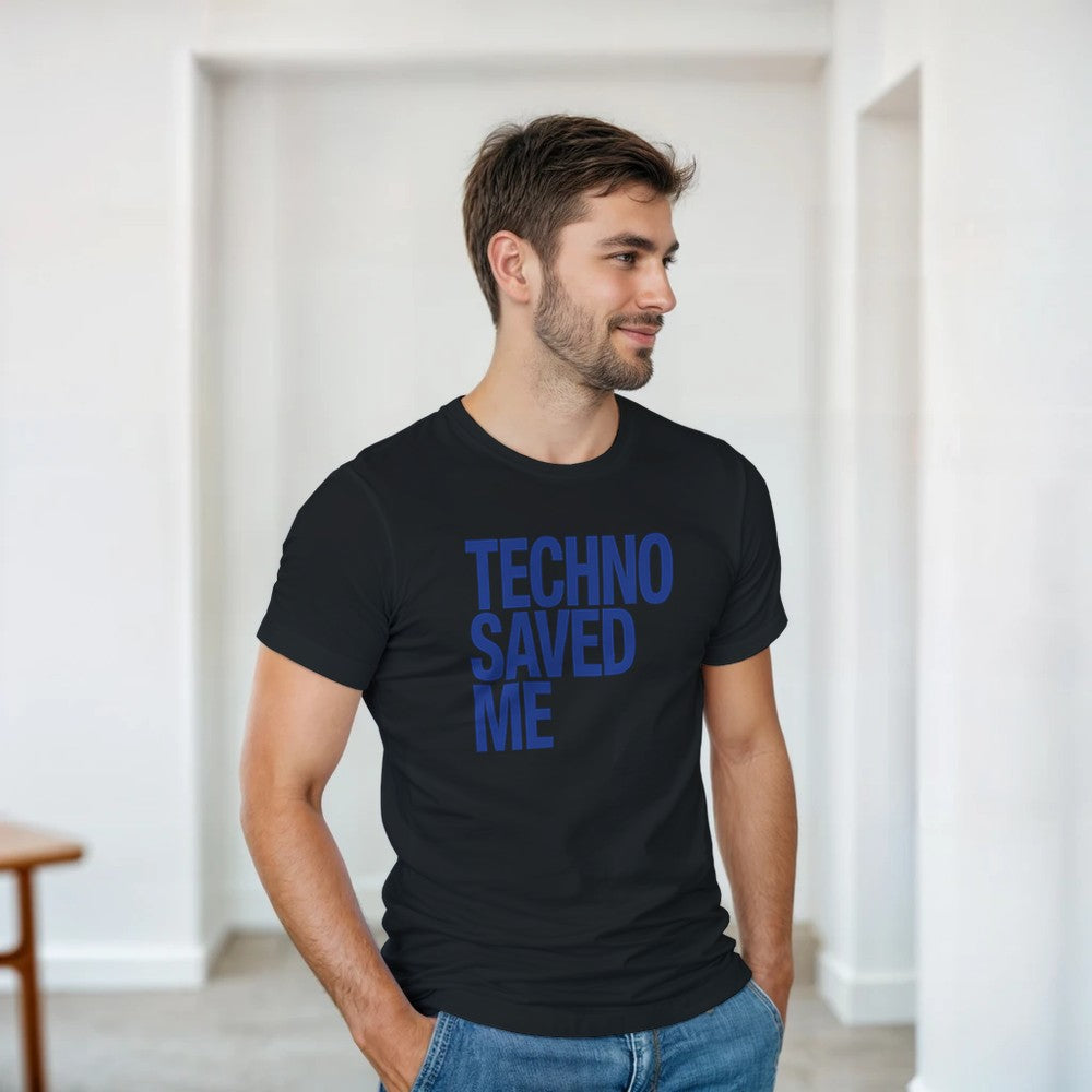 Techno Saved Me in big Blue bold font - unisex rave t-shirt - black
