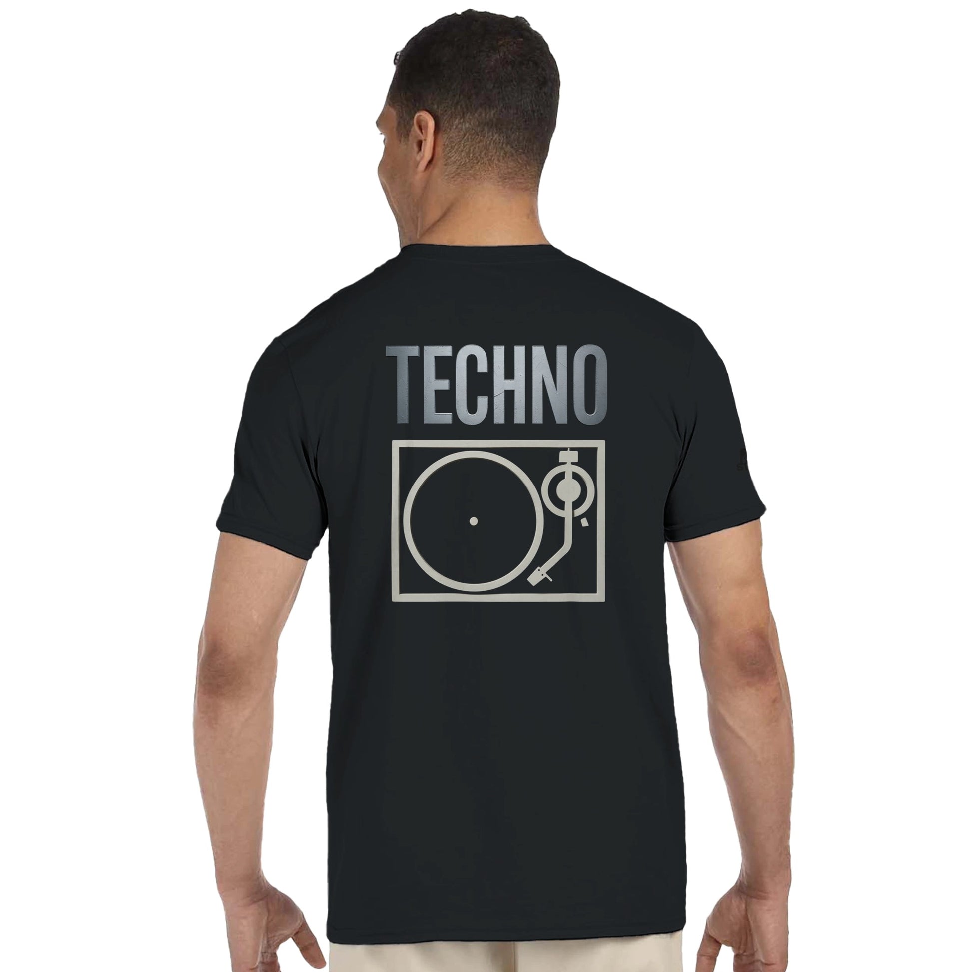 Unisex Black T-shirt for Adults – Music Festival Streetwear Rave Clothing – Techno, EDM, DJ Shirt - The word techno and a turntable underneath