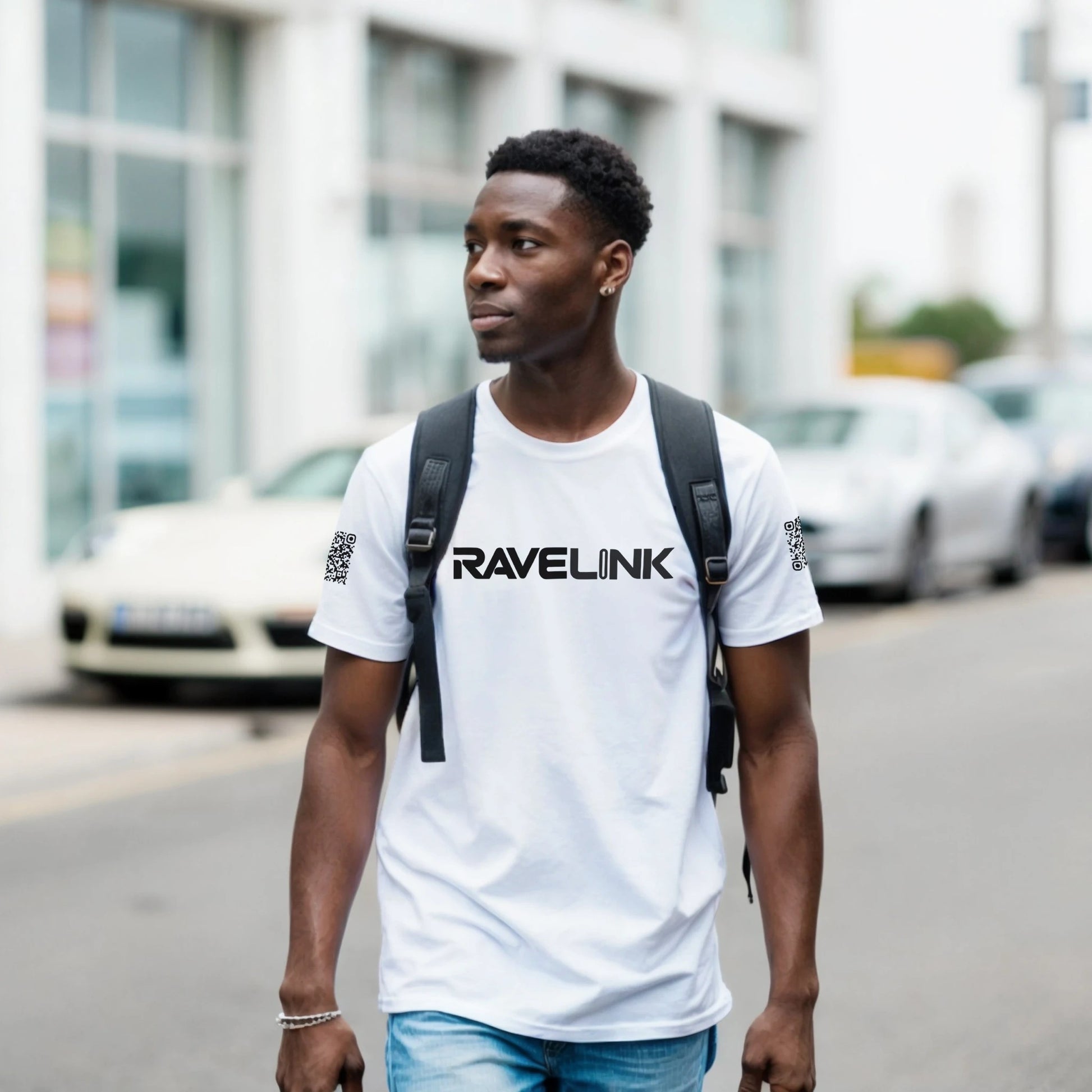 A White T-Shirt with a Black custom Tiktok handle and custom QR codes on the arms - RaveLink - 100% soft cotton - stomp ravewear