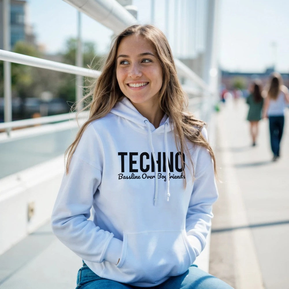 BASSLINE OVER BOYFRIENDS - FEMALE TECHNO RAVE HOODIE - WHITE