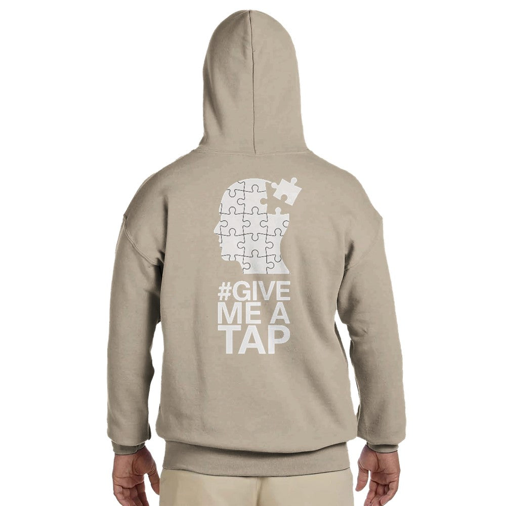 Unisex Beige Hoodie for Adults – Music Festival Streetwear Rave Clothing – Techno, EDM, DJ Shirt -  an image og a head made of puzzle pieces and the #give me a tap print