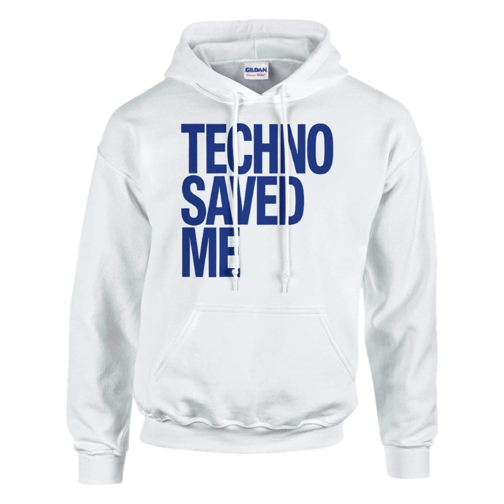 Techno Saved Me in big Blue bold font - unisex rave hoodie - white